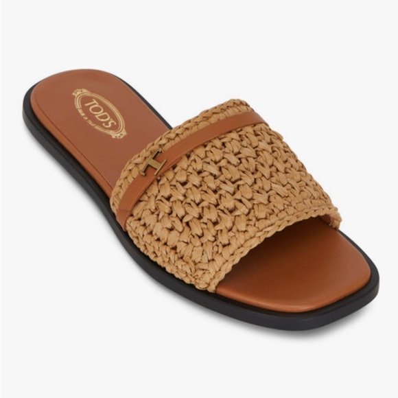 Designer TOD'S Natural Raffia and Tan Leather Italian Slide Mules